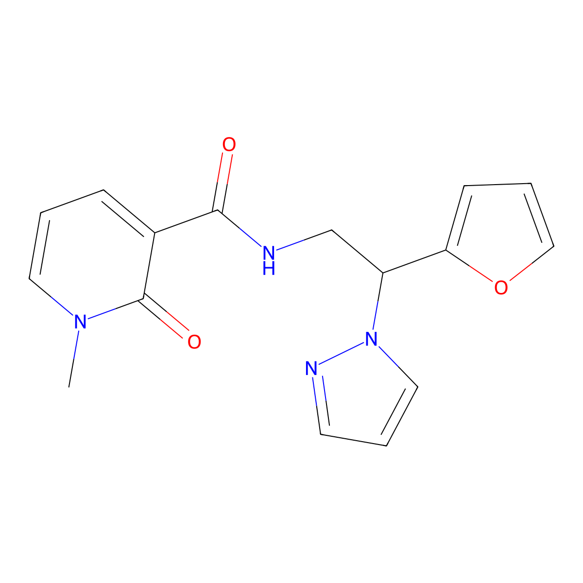 N-(2-(furan-2-yl)-2-(1H-pyrazol-1-yl)ethyl)-1-methyl-2-oxo-1,2-dihydropyridine-3-carboxamide molecular structure, CAS 2034274-80-9