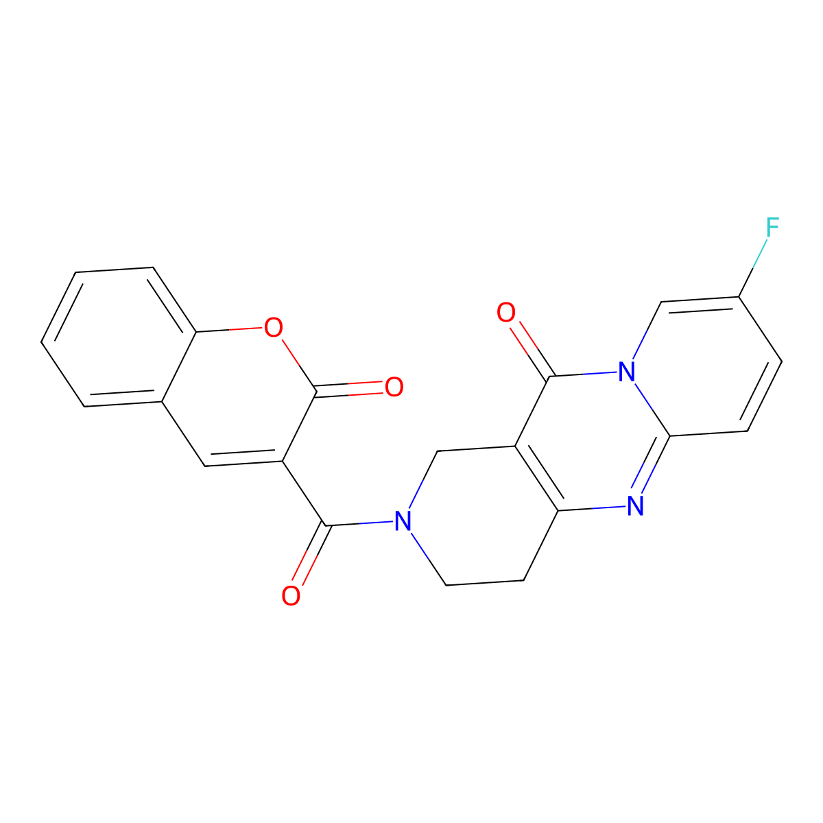 8-fluoro-2-(2-oxo-2H-chromene-3-carbonyl)-3,4-dihydro-1H-dipyrido[1,2-a:4',3'-d]pyrimidin-11(2H)-one molecular structure, CAS 2034274-82-1
