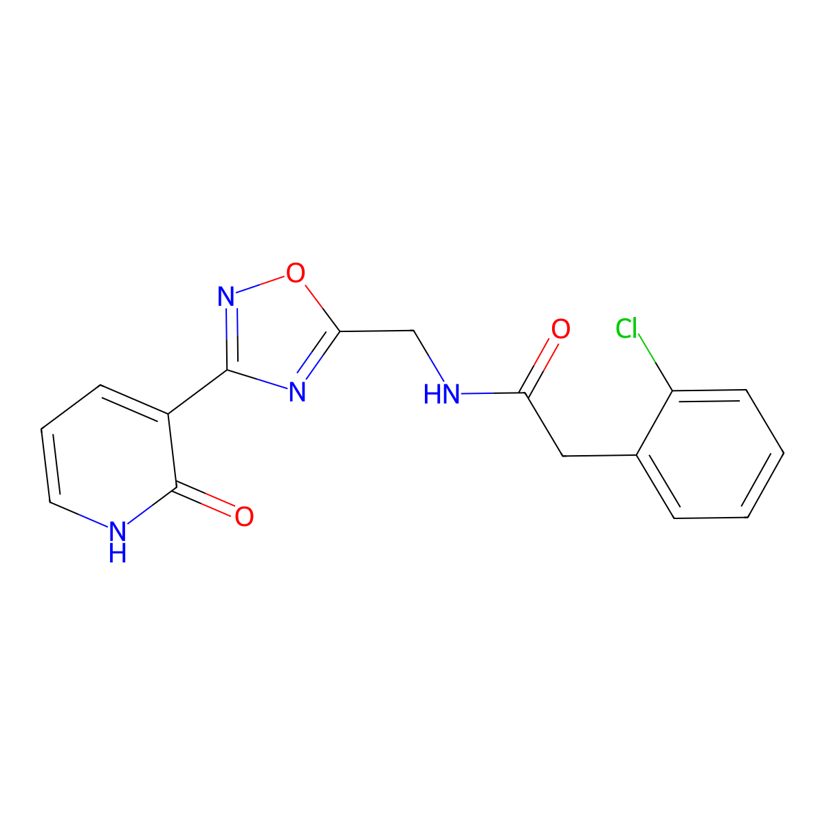 2-(2-chlorophenyl)-N-((3-(2-oxo-1,2-dihydropyridin-3-yl)-1,2,4-oxadiazol-5-yl)methyl)acetamide molecular structure, CAS 2034274-84-3