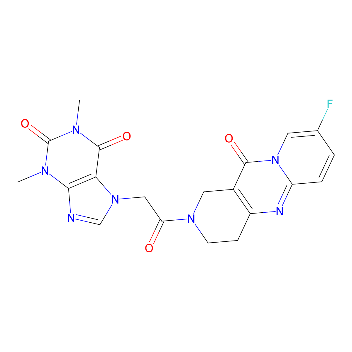 7-(2-(8-fluoro-11-oxo-3,4-dihydro-1H-dipyrido[1,2-a:4',3'-d]pyrimidin-2(11H)-yl)-2-oxoethyl)-1,3-dimethyl-1H-purine-2,6(3H,7H)-dione molecular structure, CAS 2034274-87-6