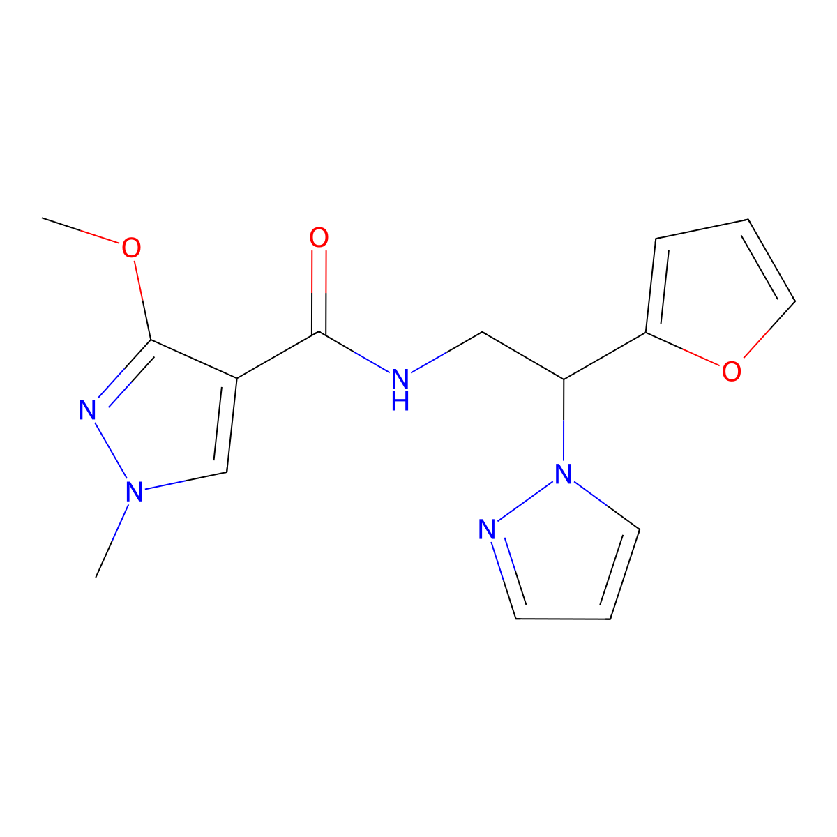 N-(2-(furan-2-yl)-2-(1H-pyrazol-1-yl)ethyl)-3-methoxy-1-methyl-1H-pyrazole-4-carboxamide molecular structure, CAS 2034274-88-7
