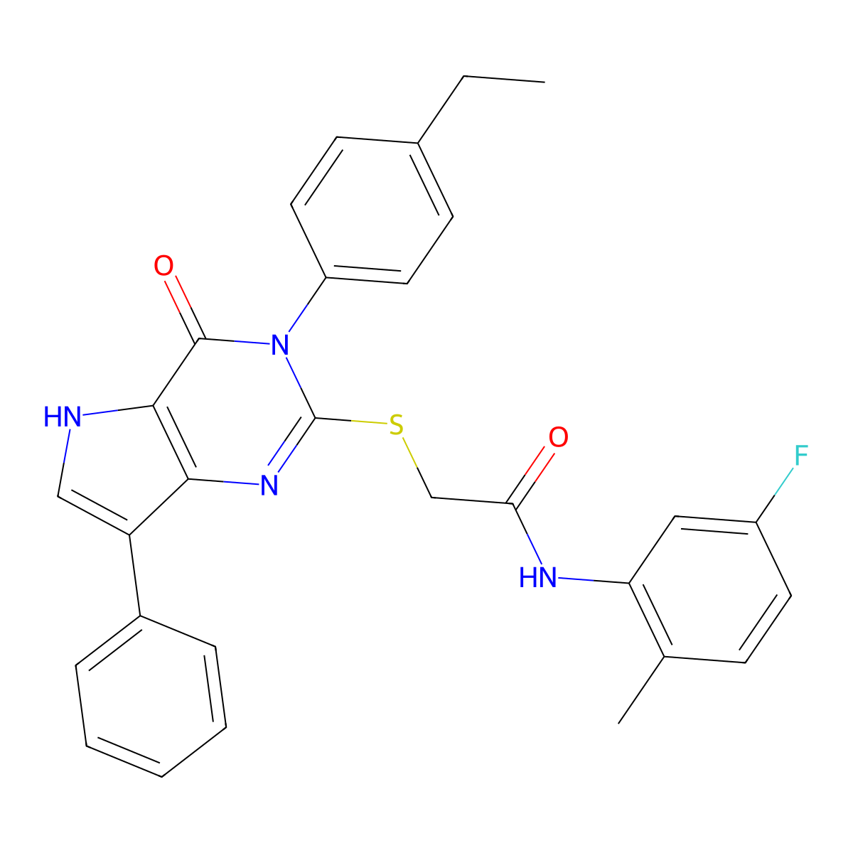 2-((3-(4-ethylphenyl)-4-oxo-7-phenyl-4,5-dihydro-3H-pyrrolo[3,2-d]pyrimidin-2-yl)thio)-N-(5-fluoro-2-methylphenyl)acetamide molecular structure, CAS 2034274-90-1
