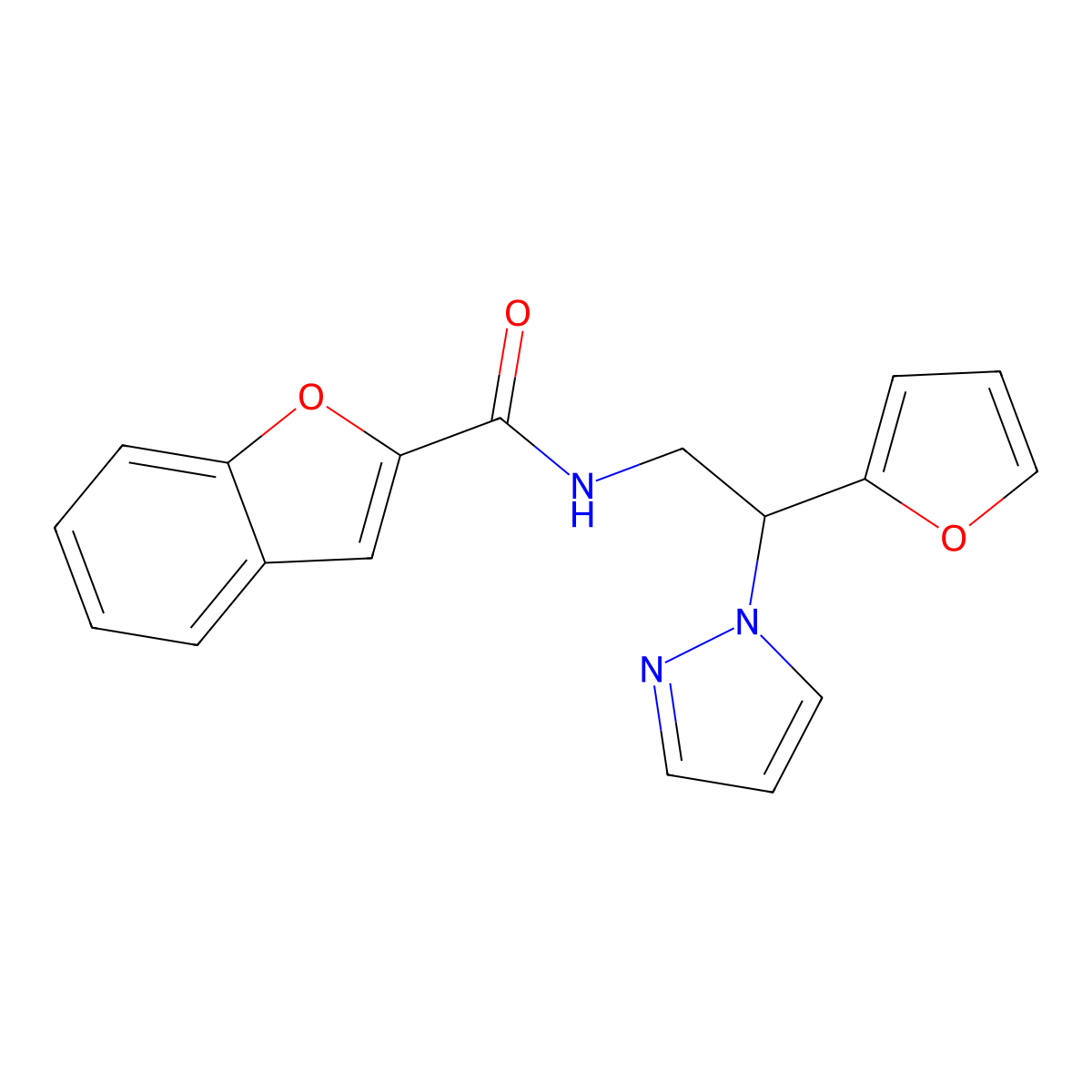 N-(2-(furan-2-yl)-2-(1H-pyrazol-1-yl)ethyl)benzofuran-2-carboxamide molecular structure, CAS 2034274-93-4