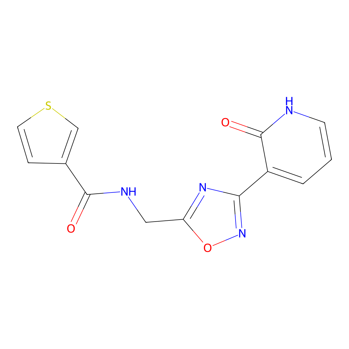 N-((3-(2-oxo-1,2-dihydropyridin-3-yl)-1,2,4-oxadiazol-5-yl)methyl)thiophene-3-carboxamide molecular structure, CAS 2034275-04-0