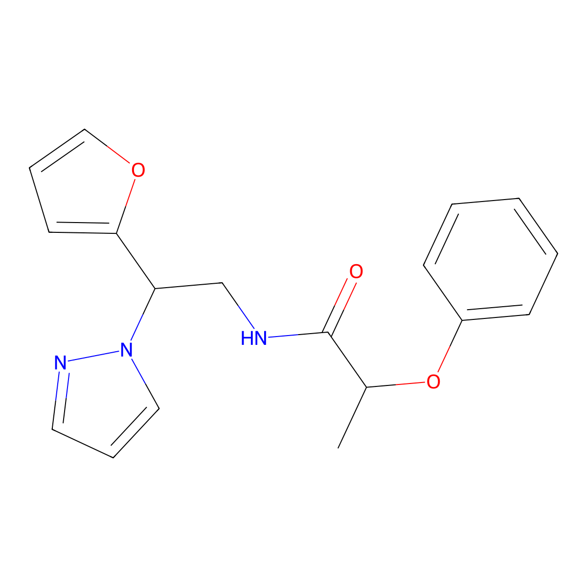 N-(2-(furan-2-yl)-2-(1H-pyrazol-1-yl)ethyl)-2-phenoxypropanamide molecular structure, CAS 2034275-05-1