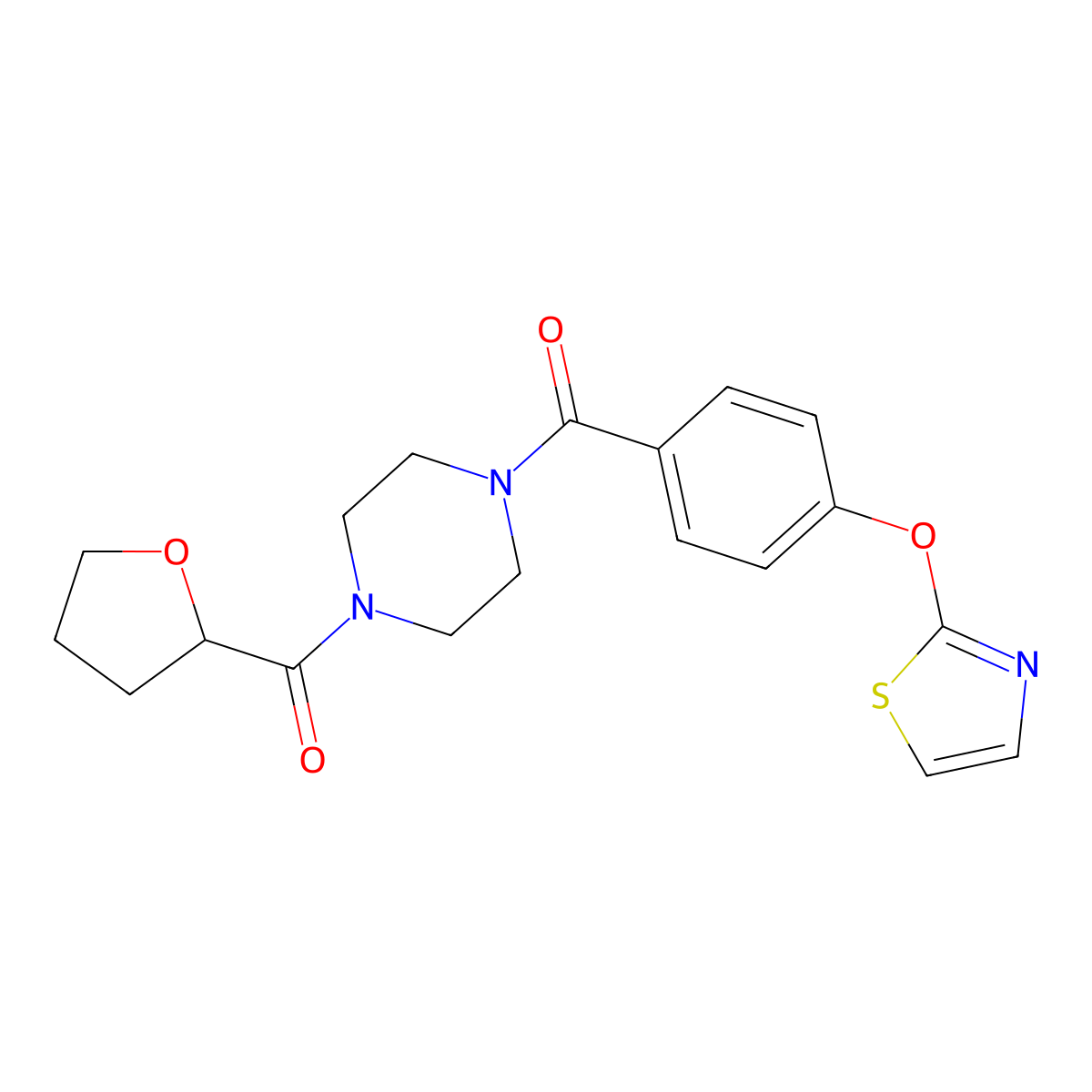 (4-(Tetrahydrofuran-2-carbonyl)piperazin-1-yl)(4-(thiazol-2-yloxy)phenyl)methanone molecular structure, CAS 2034275-12-0