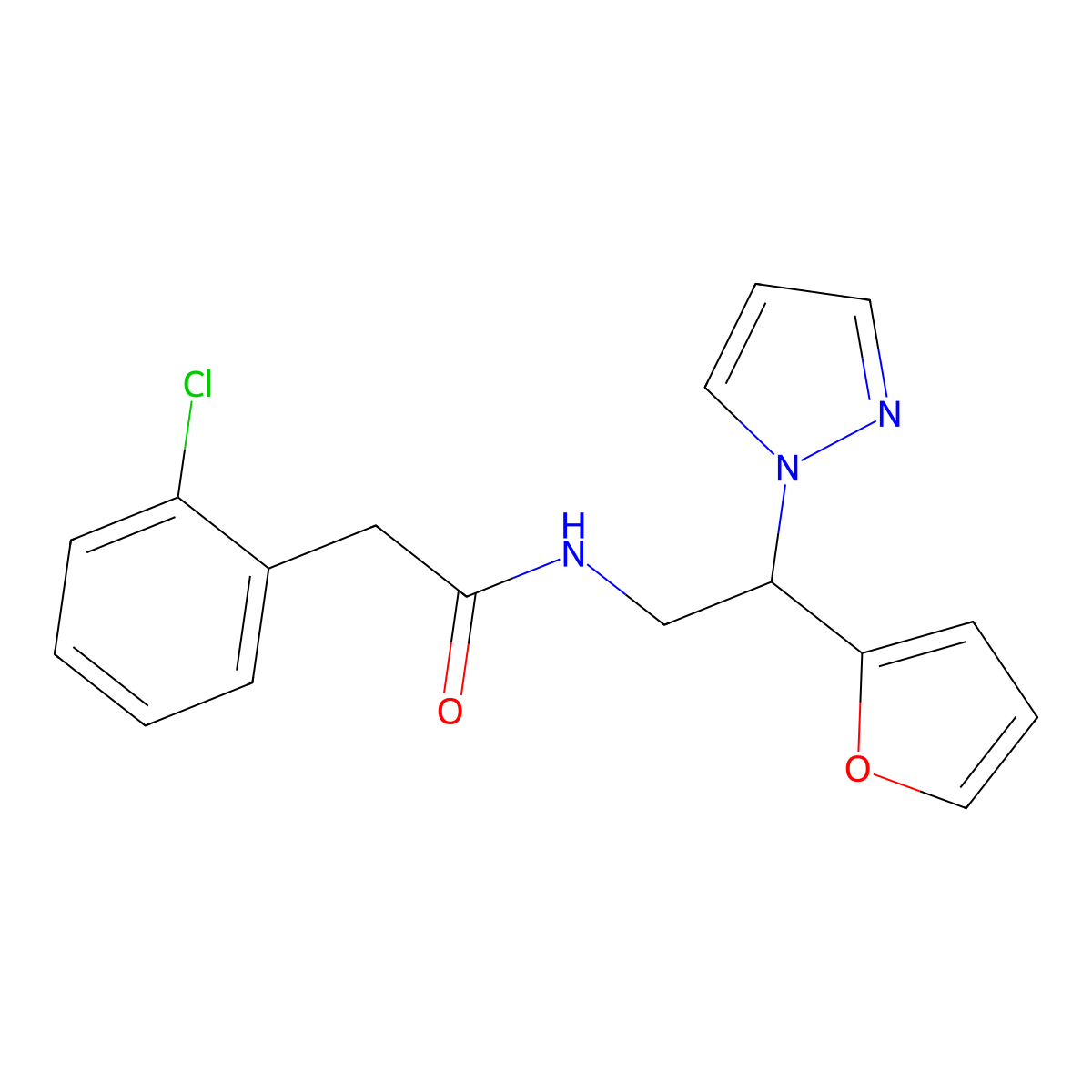 2-(2-chlorophenyl)-N-(2-(furan-2-yl)-2-(1H-pyrazol-1-yl)ethyl)acetamide molecular structure, CAS 2034275-13-1