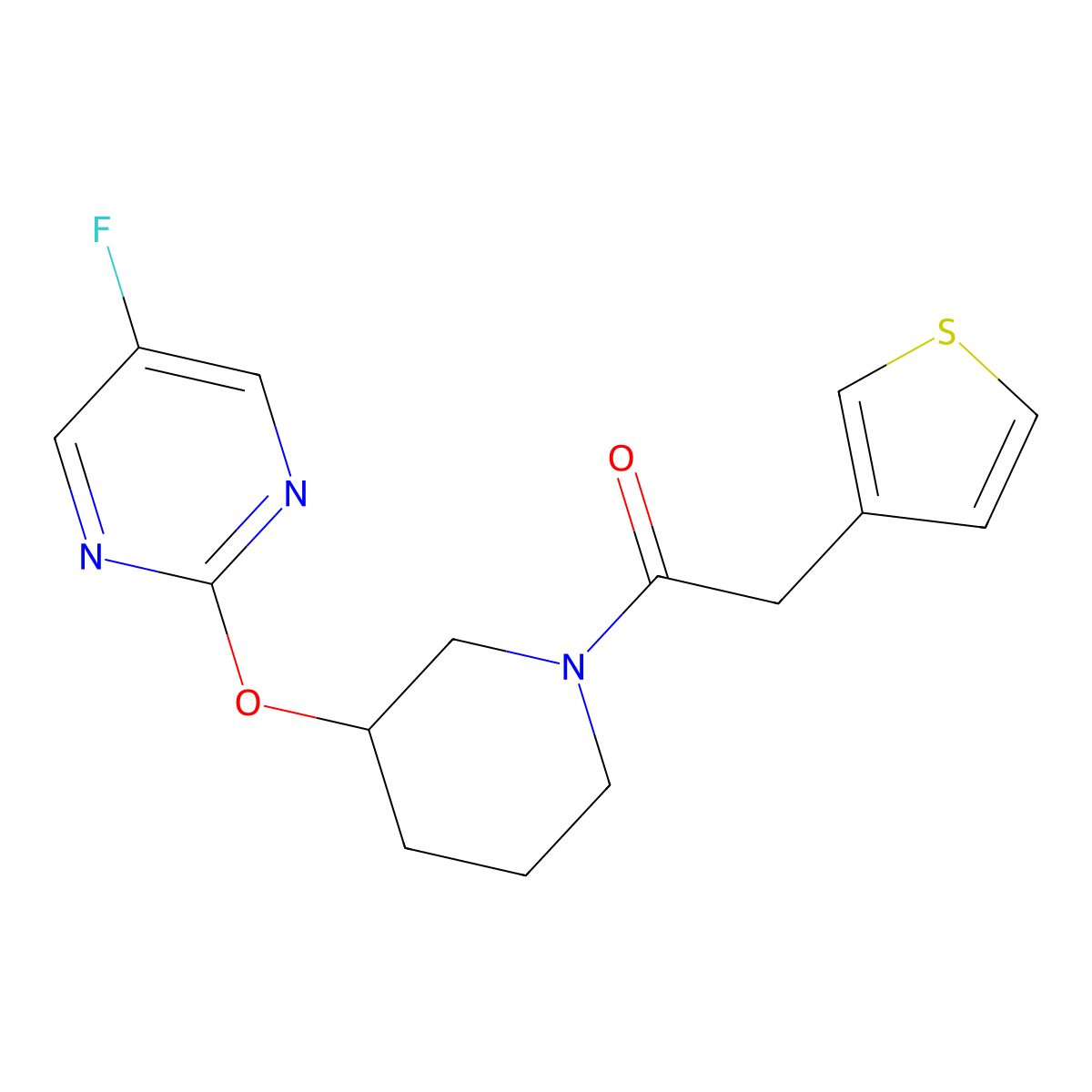 1-{3-[(5-Fluoropyrimidin-2-yl)oxy]piperidin-1-yl}-2-(thiophen-3-yl)ethan-1-one molecular structure, CAS 2034275-18-6