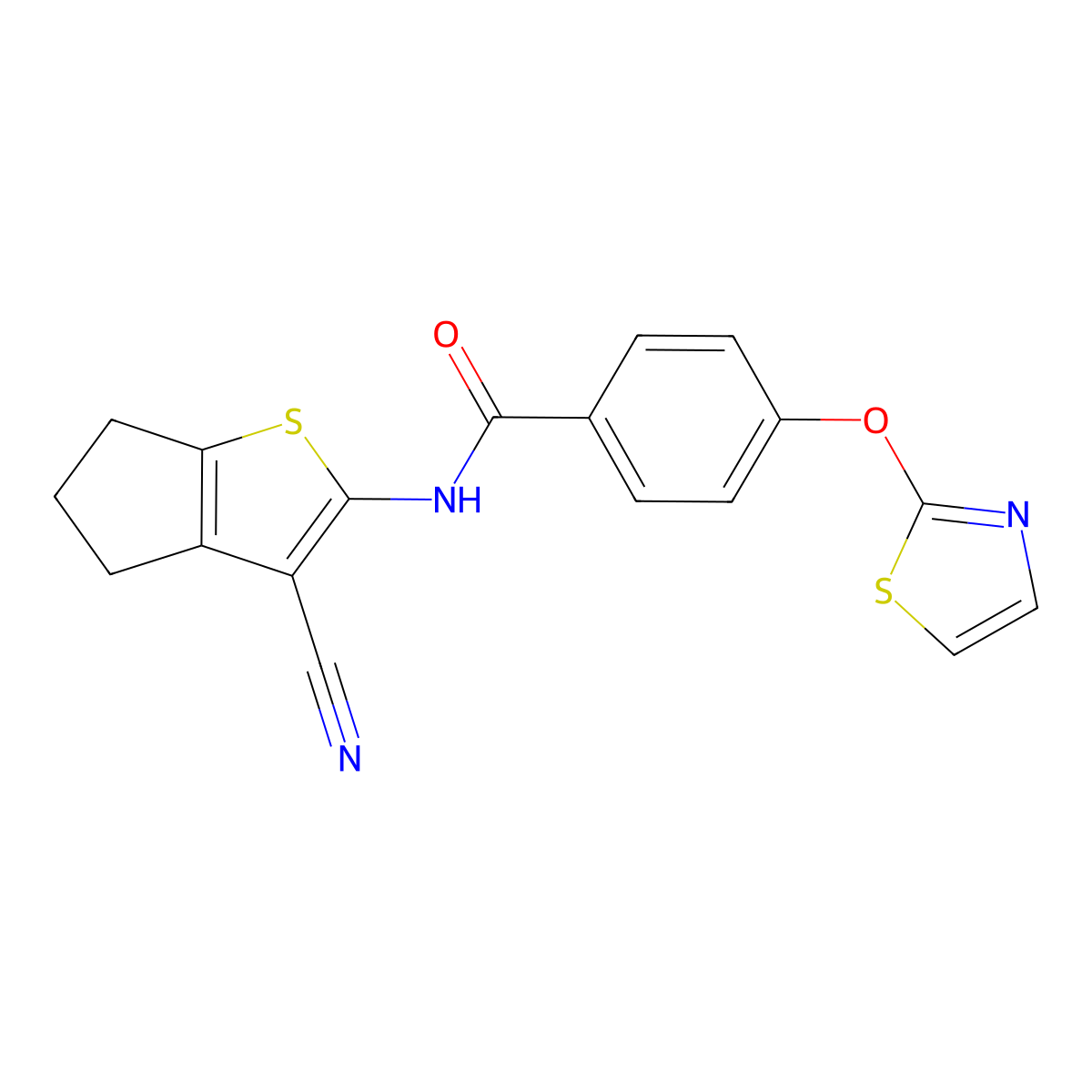 N-(3-cyano-5,6-dihydro-4H-cyclopenta[b]thiophen-2-yl)-4-(thiazol-2-yloxy)benzamide molecular structure, CAS 2034275-26-6