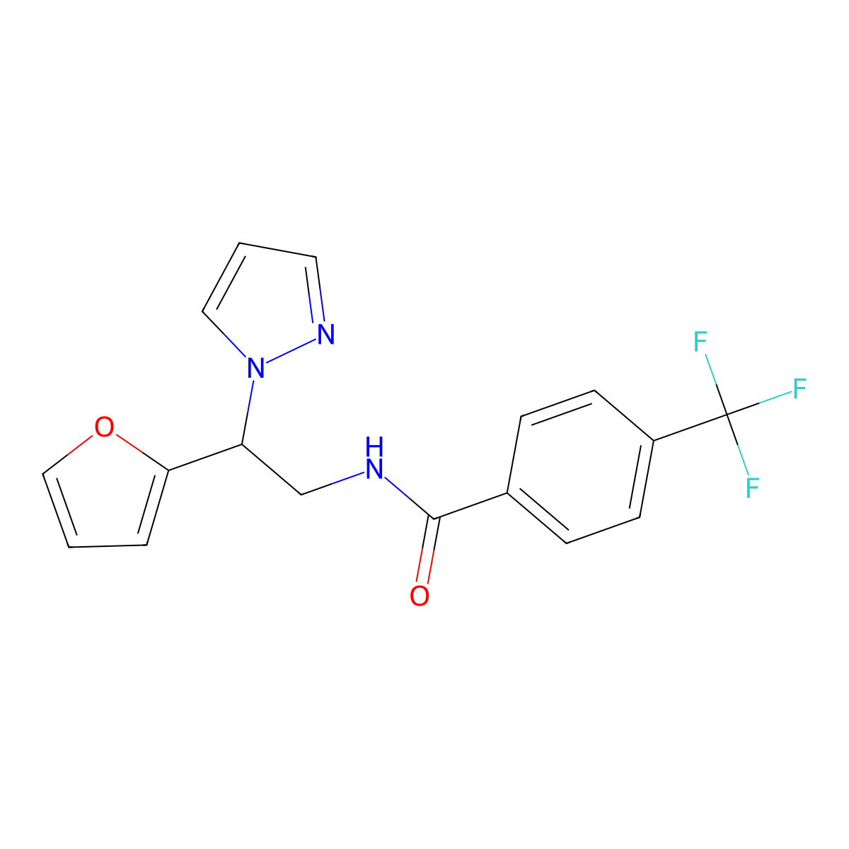 N-(2-(furan-2-yl)-2-(1H-pyrazol-1-yl)ethyl)-4-(trifluoromethyl)benzamide molecular structure, CAS 2034275-41-5