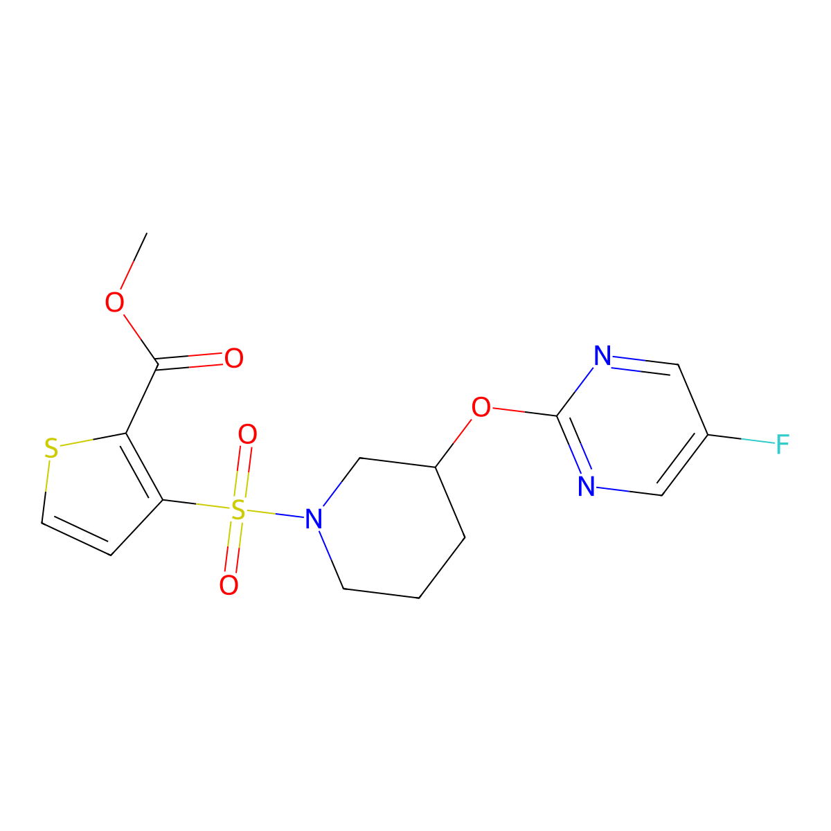 Methyl 3-((3-((5-fluoropyrimidin-2-yl)oxy)piperidin-1-yl)sulfonyl)thiophene-2-carboxylate molecular structure, CAS 2034275-47-1