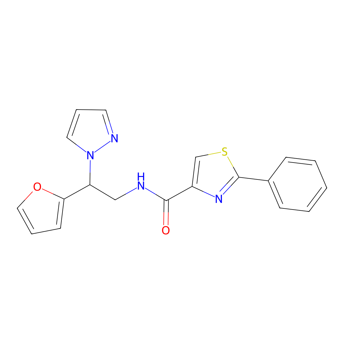 N-(2-(furan-2-yl)-2-(1H-pyrazol-1-yl)ethyl)-2-phenylthiazole-4-carboxamide molecular structure, CAS 2034275-49-3