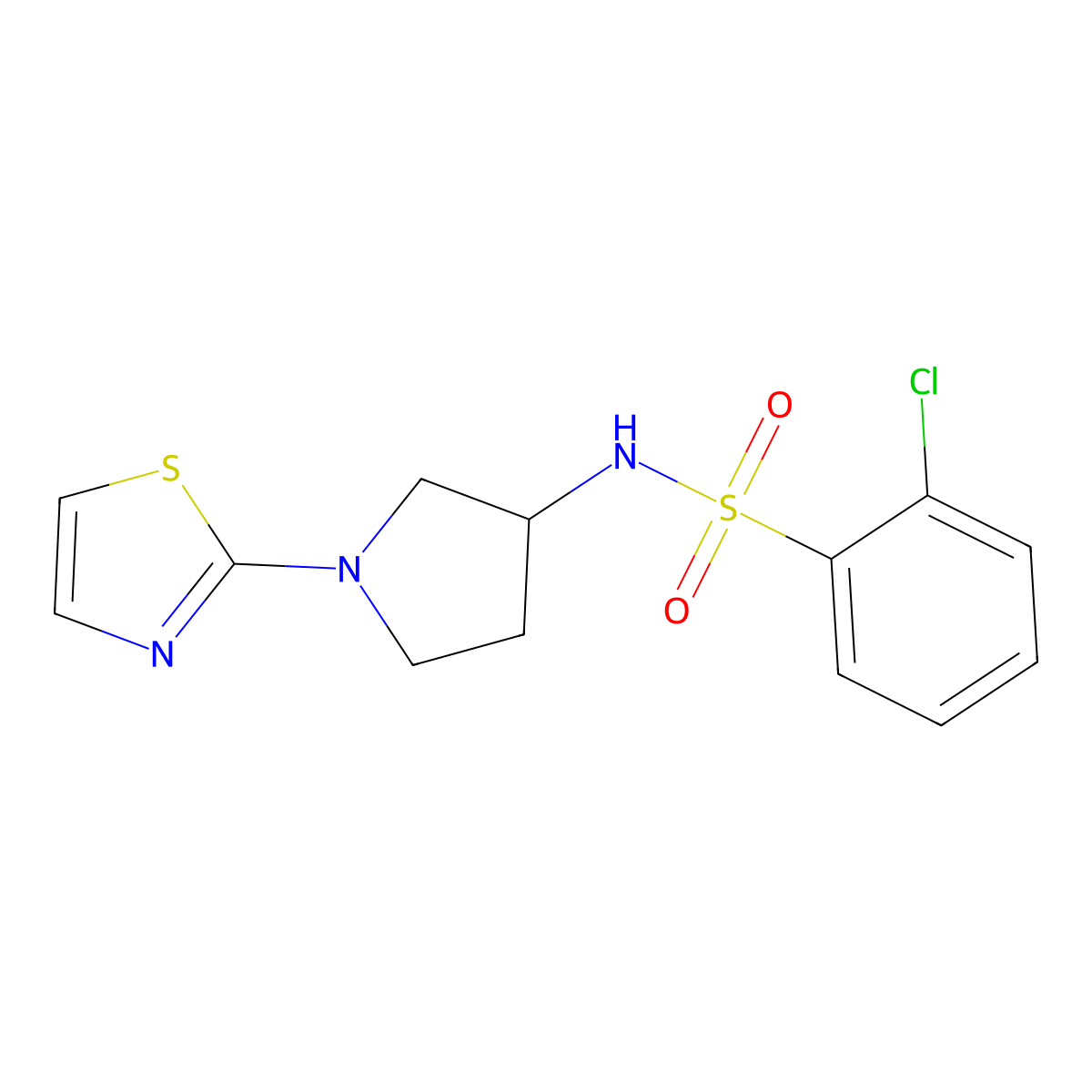 2-chloro-N-(1-(thiazol-2-yl)pyrrolidin-3-yl)benzenesulfonamide molecular structure, CAS 2034275-50-6