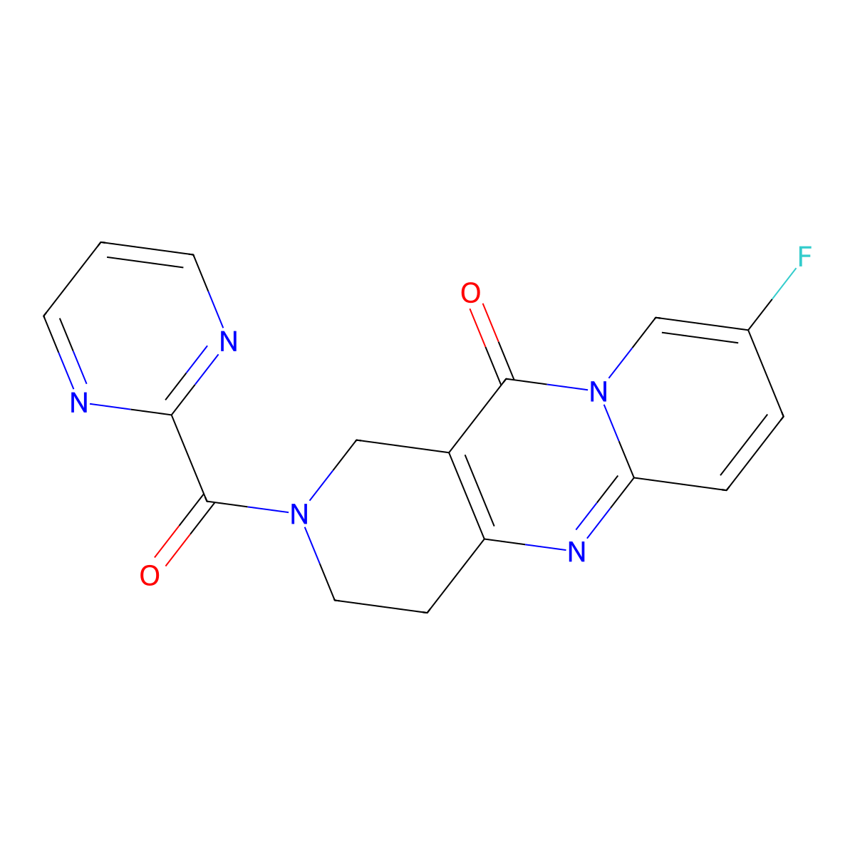 8-fluoro-2-(pyrimidine-2-carbonyl)-3,4-dihydro-1H-dipyrido[1,2-a:4',3'-d]pyrimidin-11(2H)-one molecular structure, CAS 2034275-51-7