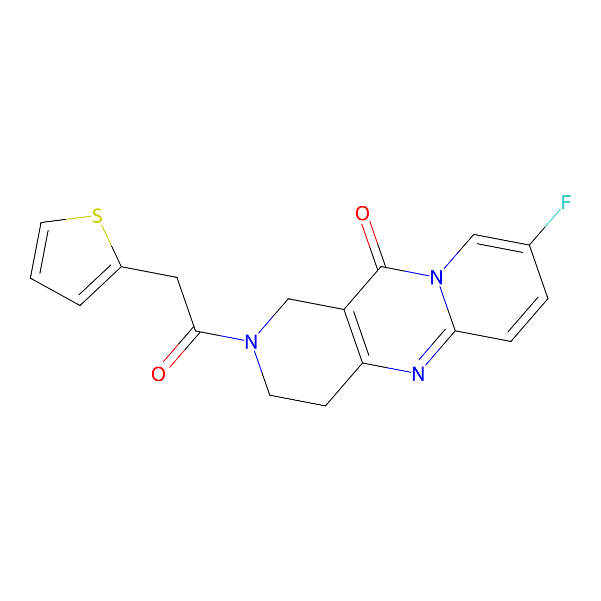 8-fluoro-2-(2-(thiophen-2-yl)acetyl)-3,4-dihydro-1H-dipyrido[1,2-a:4',3'-d]pyrimidin-11(2H)-one molecular structure, CAS 2034275-60-8