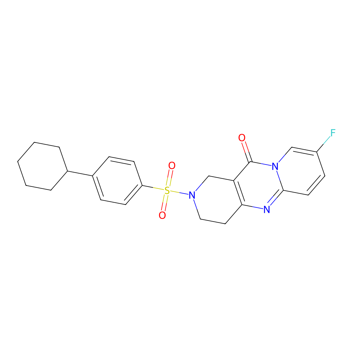 2-((4-cyclohexylphenyl)sulfonyl)-8-fluoro-3,4-dihydro-1H-dipyrido[1,2-a:4',3'-d]pyrimidin-11(2H)-one molecular structure, CAS 2034275-70-0