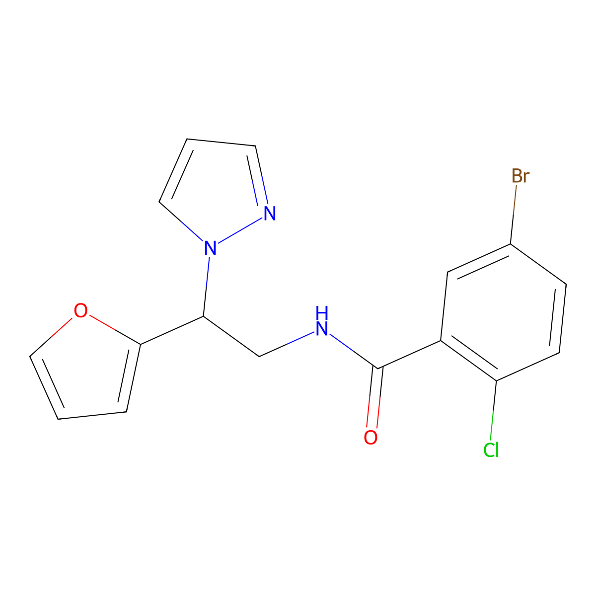 5-bromo-2-chloro-N-(2-(furan-2-yl)-2-(1H-pyrazol-1-yl)ethyl)benzamide molecular structure, CAS 2034275-71-1