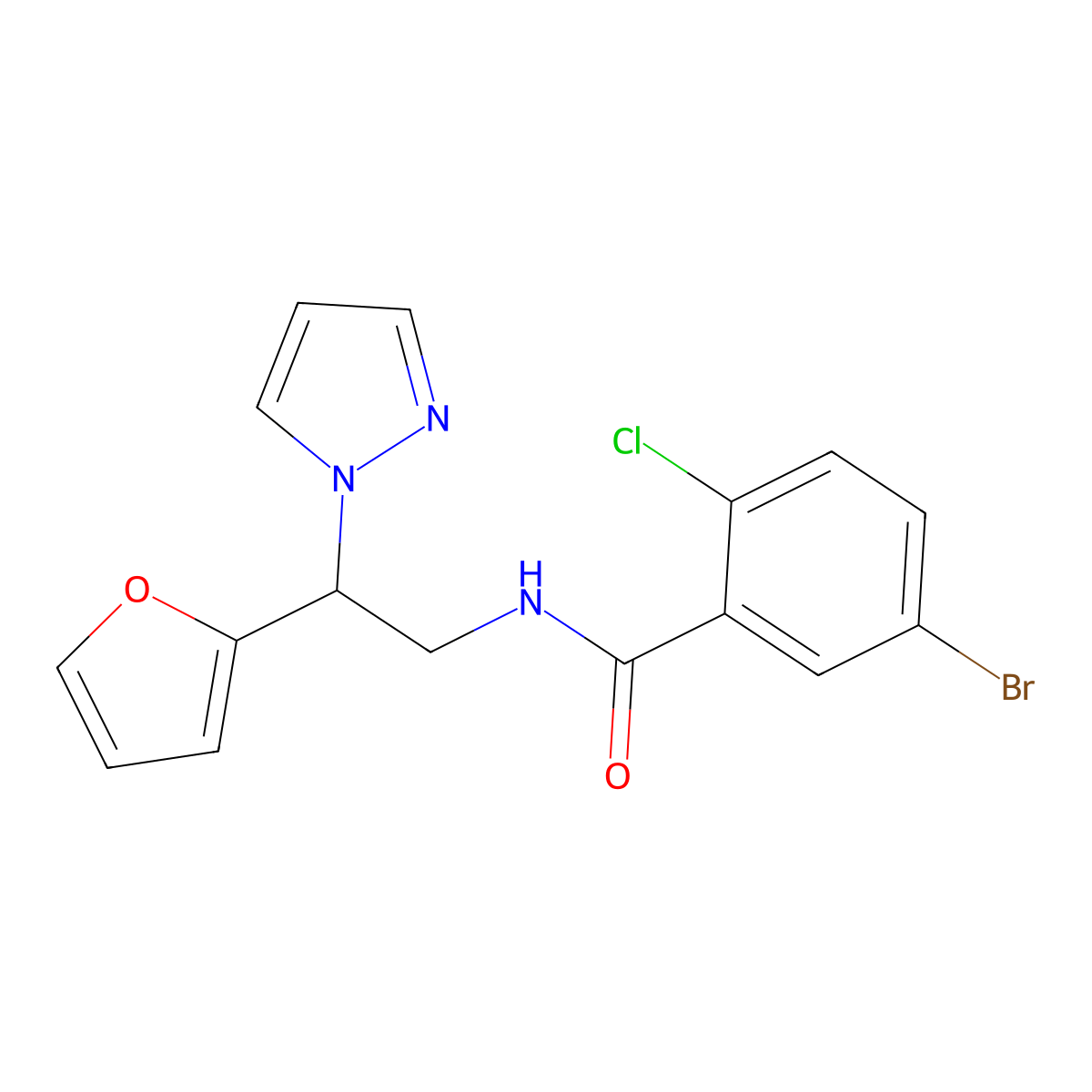 5-bromo-2-chloro-N-(2-(furan-2-yl)-2-(1H-pyrazol-1-yl)ethyl)benzamide molecular structure, CAS 2034275-71-1