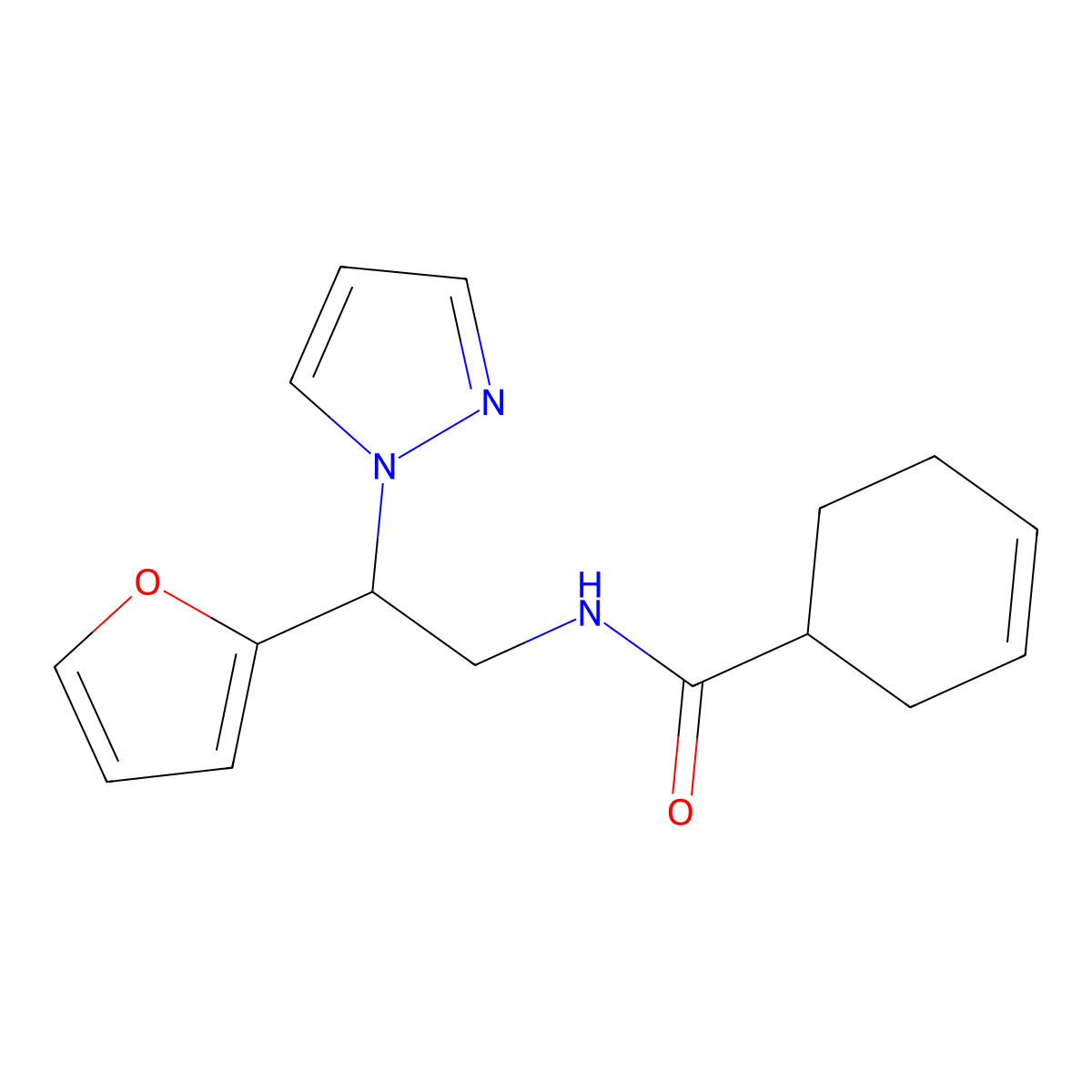 N-(2-(furan-2-yl)-2-(1H-pyrazol-1-yl)ethyl)cyclohex-3-enecarboxamide molecular structure, CAS 2034275-76-6