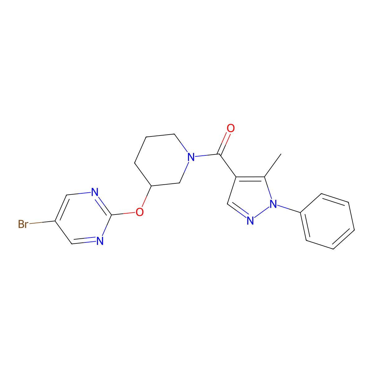 (3-((5-bromopyrimidin-2-yl)oxy)piperidin-1-yl)(5-methyl-1-phenyl-1H-pyrazol-4-yl)methanone molecular structure, CAS 2034275-78-8