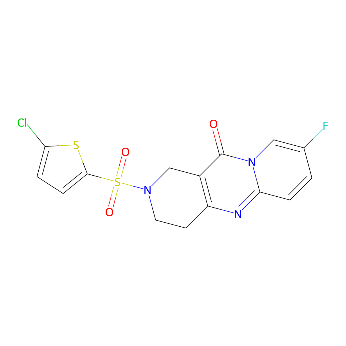 2-((5-chlorothiophen-2-yl)sulfonyl)-8-fluoro-3,4-dihydro-1H-dipyrido[1,2-a:4',3'-d]pyrimidin-11(2H)-one molecular structure, CAS 2034275-80-2