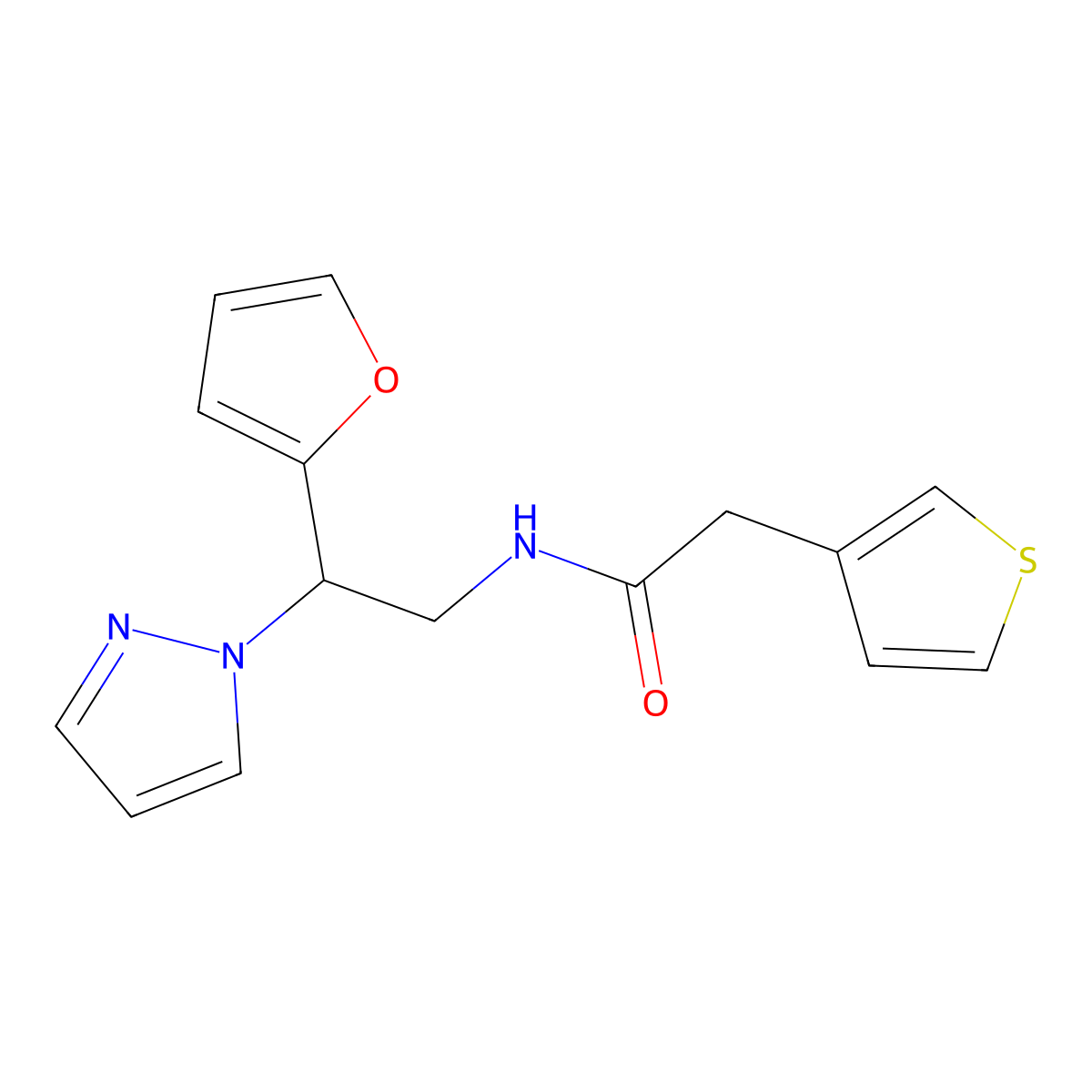 N-[2-(furan-2-yl)-2-(1H-pyrazol-1-yl)ethyl]-2-(thiophen-3-yl)acetamide molecular structure, CAS 2034275-86-8