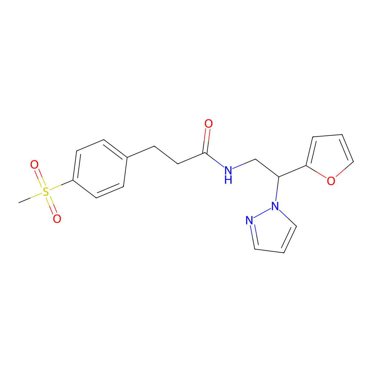 N-(2-(furan-2-yl)-2-(1H-pyrazol-1-yl)ethyl)-3-(4-(methylsulfonyl)phenyl)propanamide molecular structure, CAS 2034275-93-7