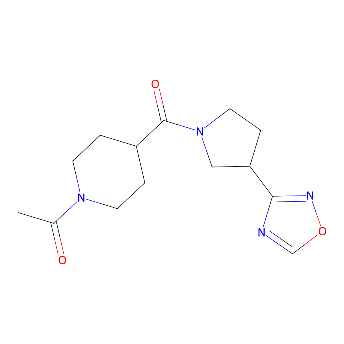 1-(4-(3-(1,2,4-Oxadiazol-3-yl)pyrrolidine-1-carbonyl)piperidin-1-yl)ethanone molecular structure, CAS 2034276-04-3