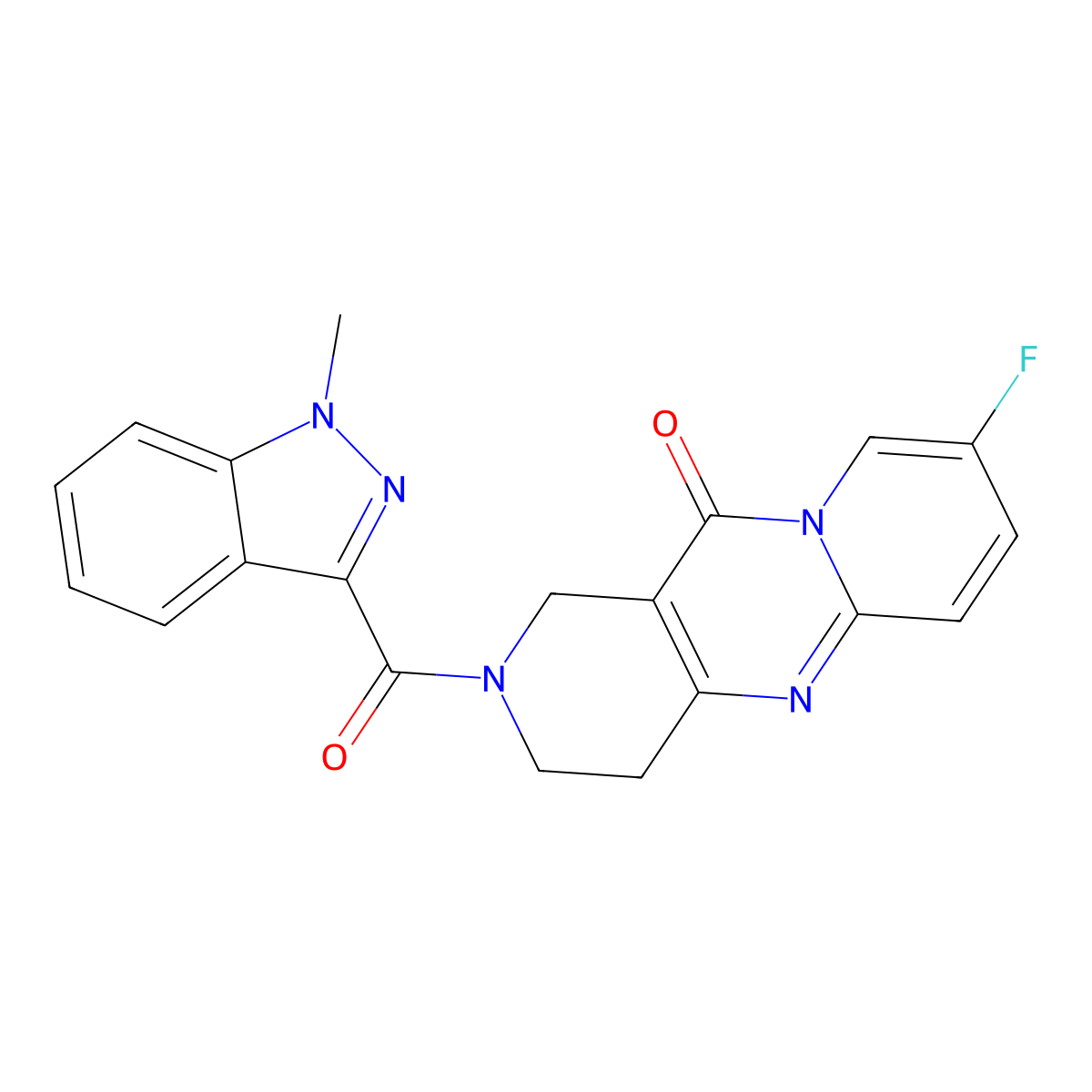 8-fluoro-2-(1-methyl-1H-indazole-3-carbonyl)-3,4-dihydro-1H-dipyrido[1,2-a:4',3'-d]pyrimidin-11(2H)-one molecular structure, CAS 2034276-16-7