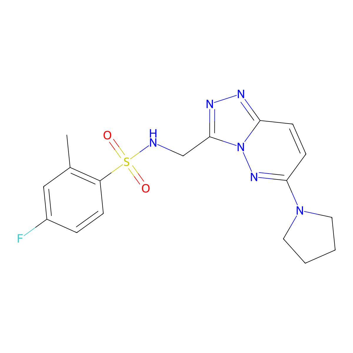 4-fluoro-2-methyl-N-((6-(pyrrolidin-1-yl)-[1,2,4]triazolo[4,3-b]pyridazin-3-yl)methyl)benzenesulfonamide molecular structure, CAS 2034276-17-8