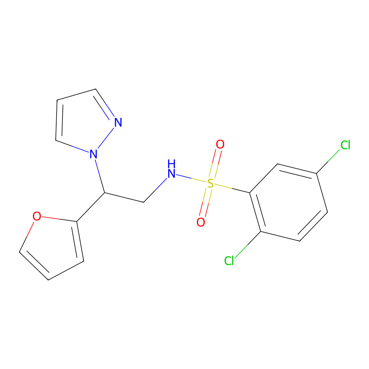 2,5-dichloro-N-(2-(furan-2-yl)-2-(1H-pyrazol-1-yl)ethyl)benzenesulfonamide molecular structure, CAS 2034276-26-9