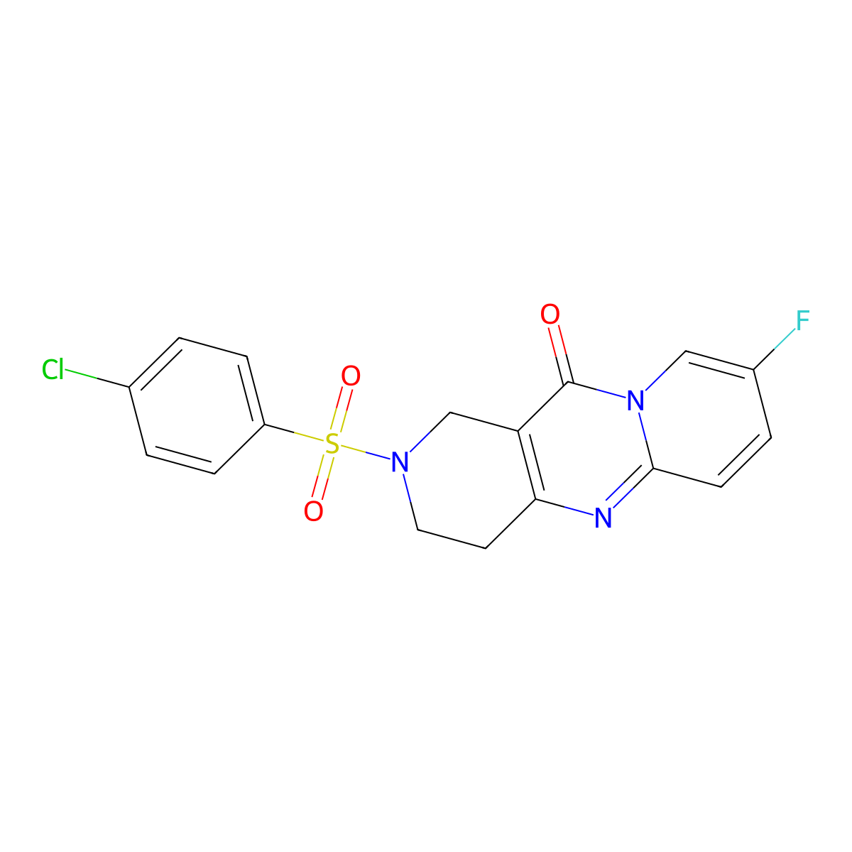 2-((4-chlorophenyl)sulfonyl)-8-fluoro-3,4-dihydro-1H-dipyrido[1,2-a:4',3'-d]pyrimidin-11(2H)-one molecular structure, CAS 2034276-29-2