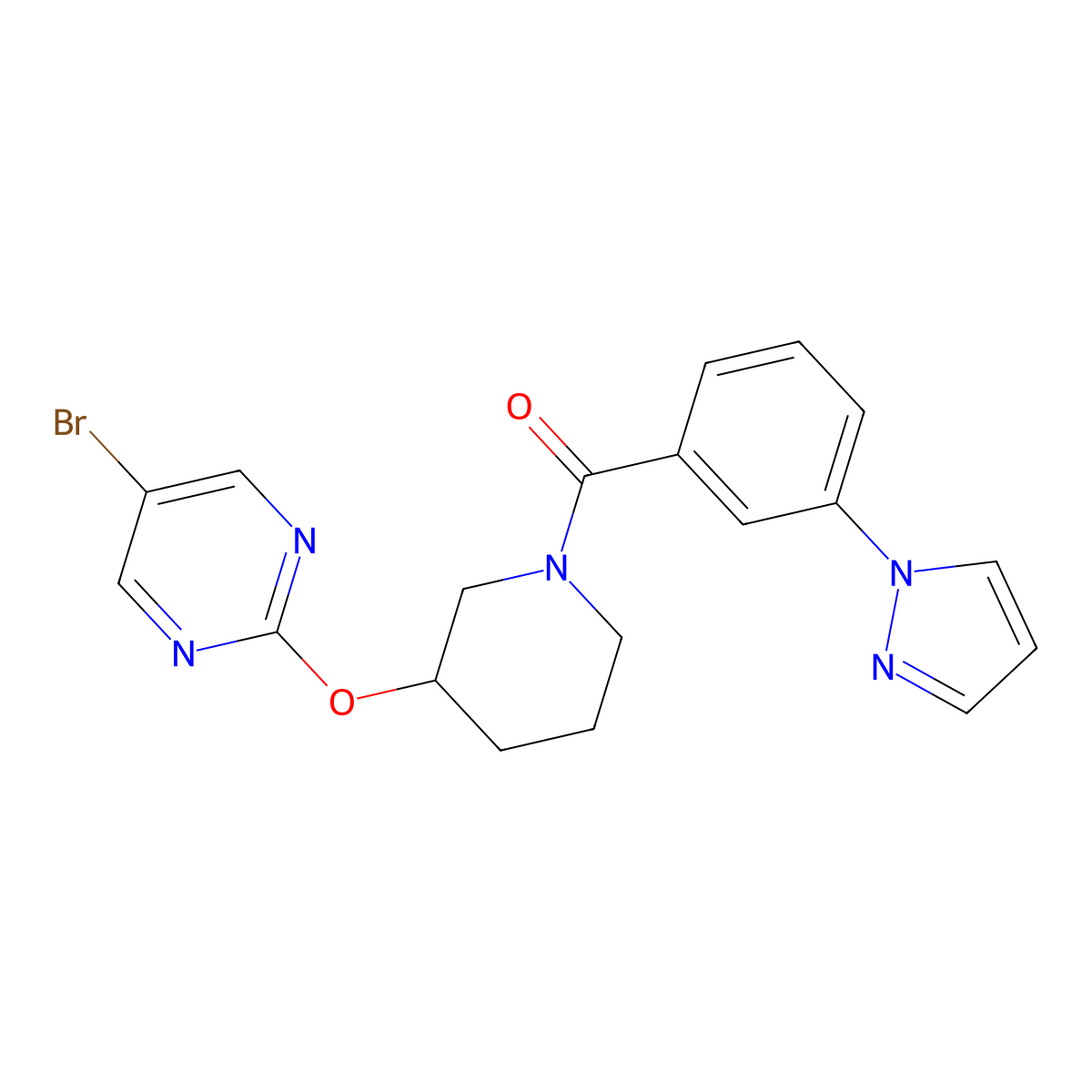 (3-(1H-pyrazol-1-yl)phenyl)(3-((5-bromopyrimidin-2-yl)oxy)piperidin-1-yl)methanone molecular structure, CAS 2034276-31-6