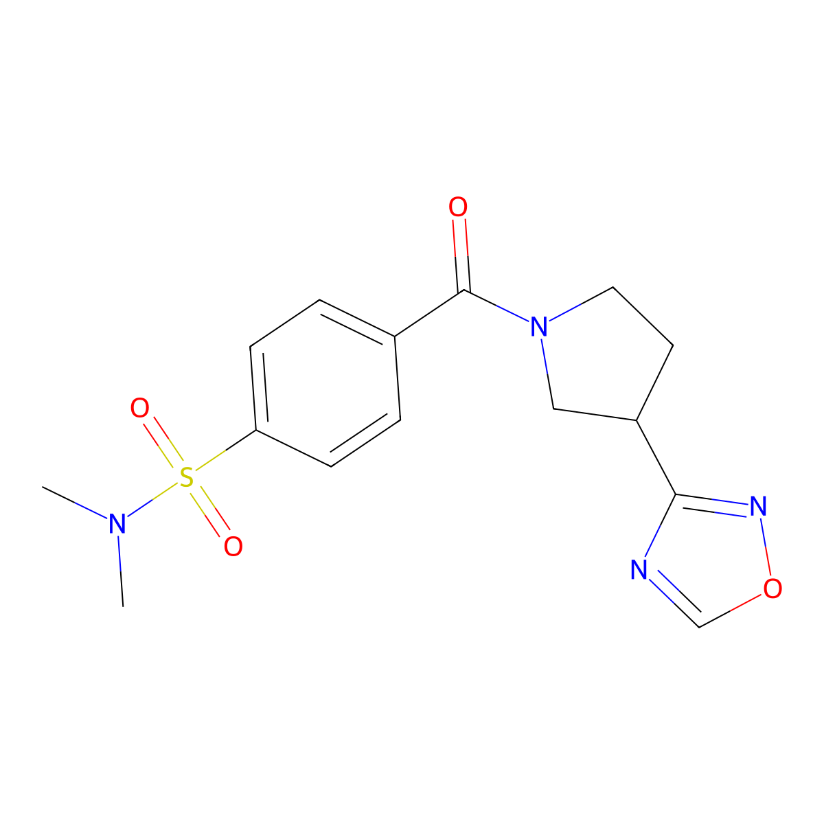 4-(3-(1,2,4-oxadiazol-3-yl)pyrrolidine-1-carbonyl)-N,N-dimethylbenzenesulfonamide molecular structure, CAS 2034276-34-9