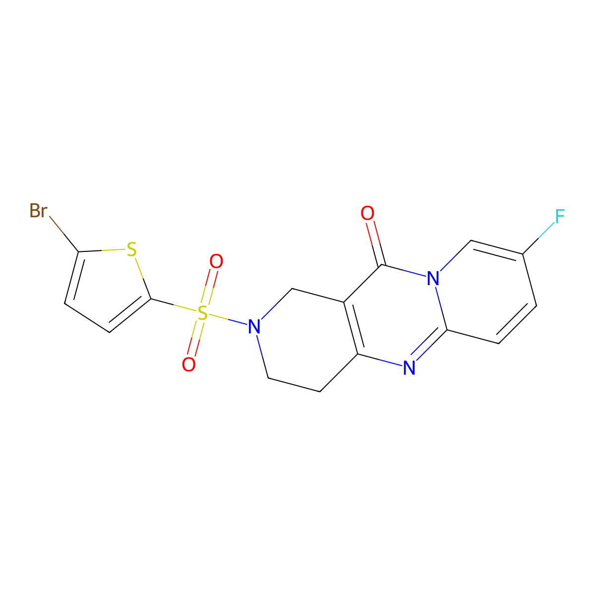 2-((5-bromothiophen-2-yl)sulfonyl)-8-fluoro-3,4-dihydro-1H-dipyrido[1,2-a:4',3'-d]pyrimidin-11(2H)-one molecular structure, CAS 2034276-42-9