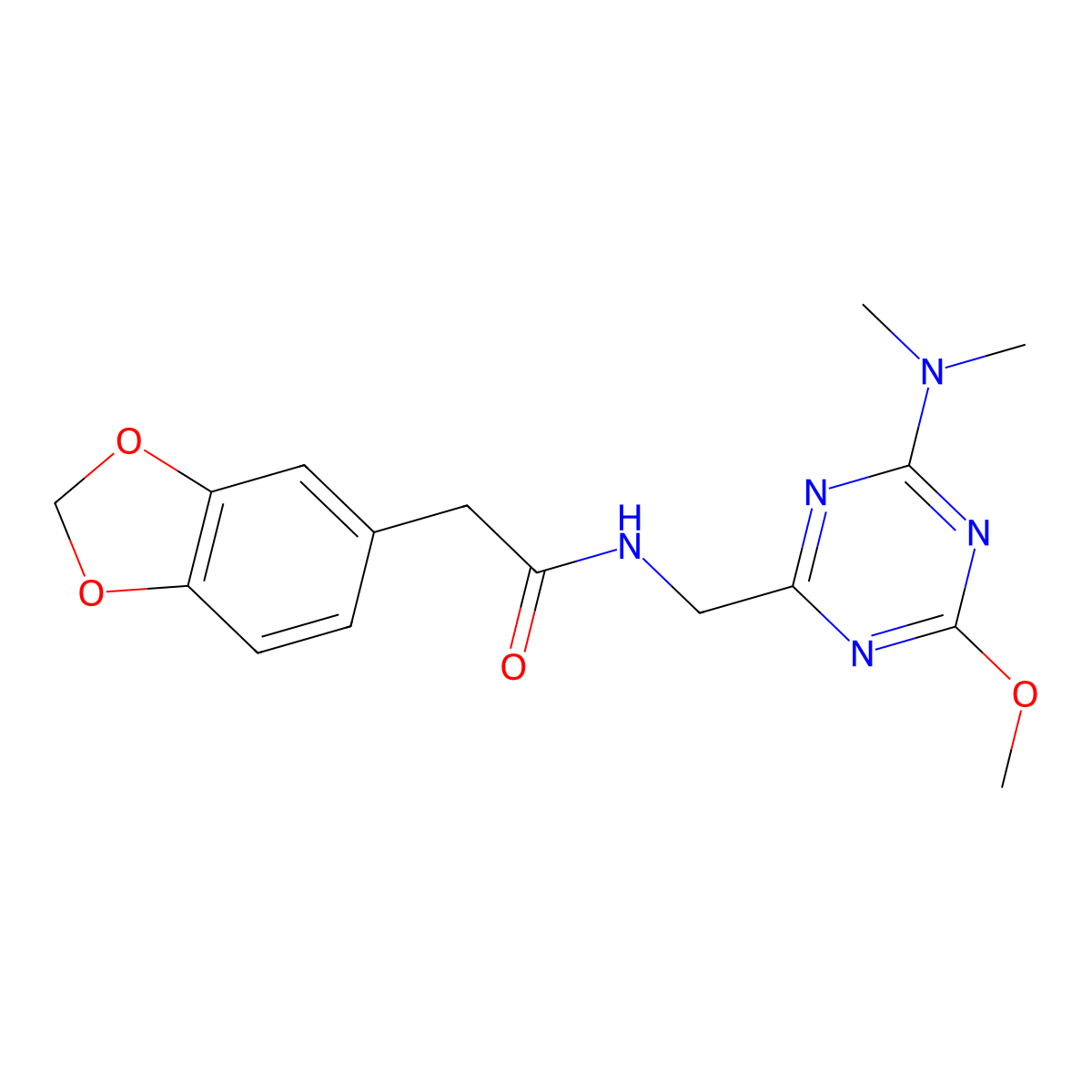 2-(benzo[d][1,3]dioxol-5-yl)-N-((4-(dimethylamino)-6-methoxy-1,3,5-triazin-2-yl)methyl)acetamide molecular structure, CAS 2034276-78-1