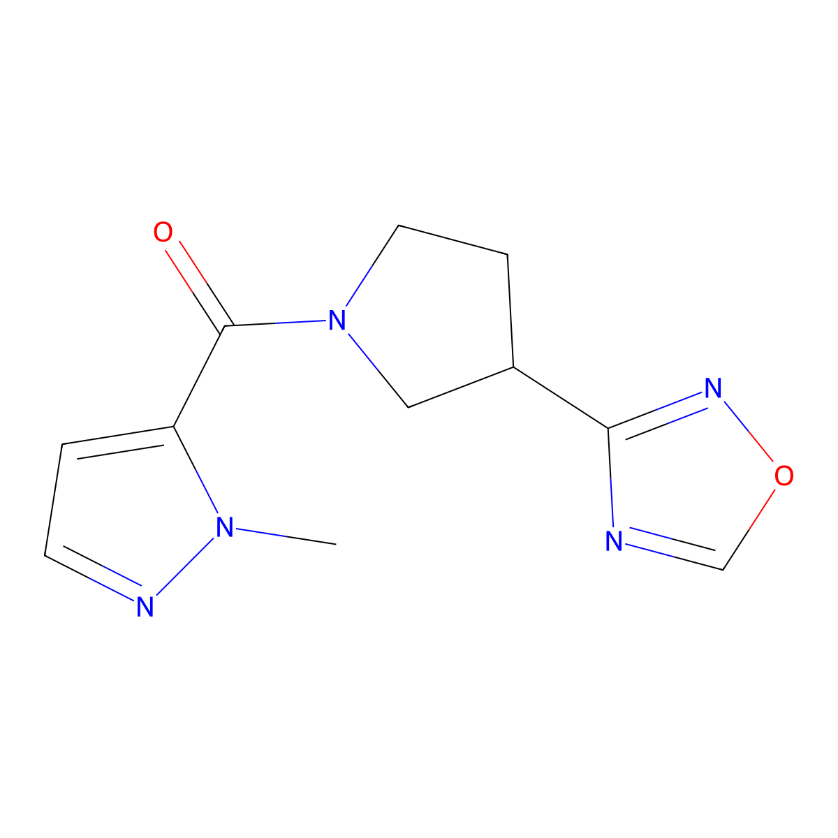 (3-(1,2,4-oxadiazol-3-yl)pyrrolidin-1-yl)(1-methyl-1H-pyrazol-5-yl)methanone molecular structure, CAS 2034277-04-6