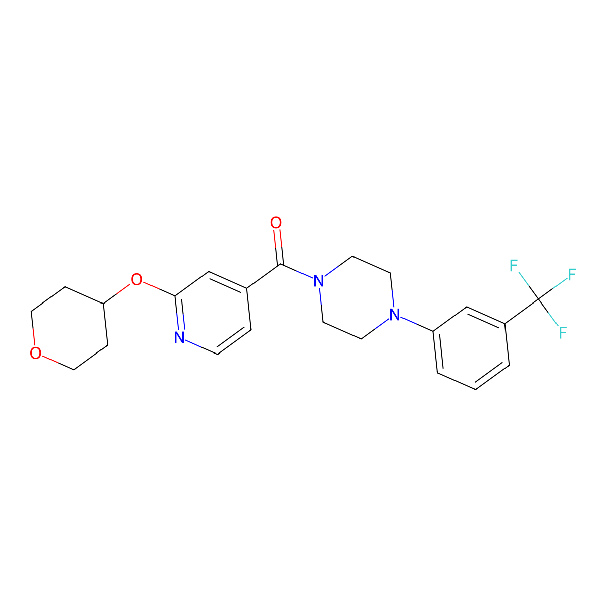 (2-((tetrahydro-2H-pyran-4-yl)oxy)pyridin-4-yl)(4-(3-(trifluoromethyl)phenyl)piperazin-1-yl)methanone molecular structure, CAS 2034277-22-8