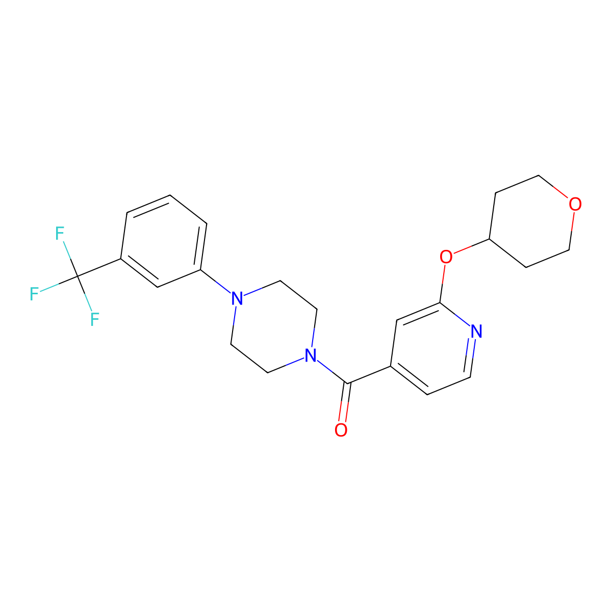 (2-((tetrahydro-2H-pyran-4-yl)oxy)pyridin-4-yl)(4-(3-(trifluoromethyl)phenyl)piperazin-1-yl)methanone molecular structure, CAS 2034277-22-8