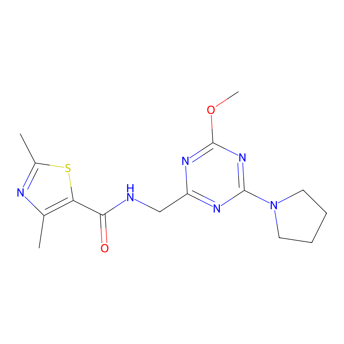 N-((4-methoxy-6-(pyrrolidin-1-yl)-1,3,5-triazin-2-yl)methyl)-2,4-dimethylthiazole-5-carboxamide molecular structure, CAS 2034277-33-1
