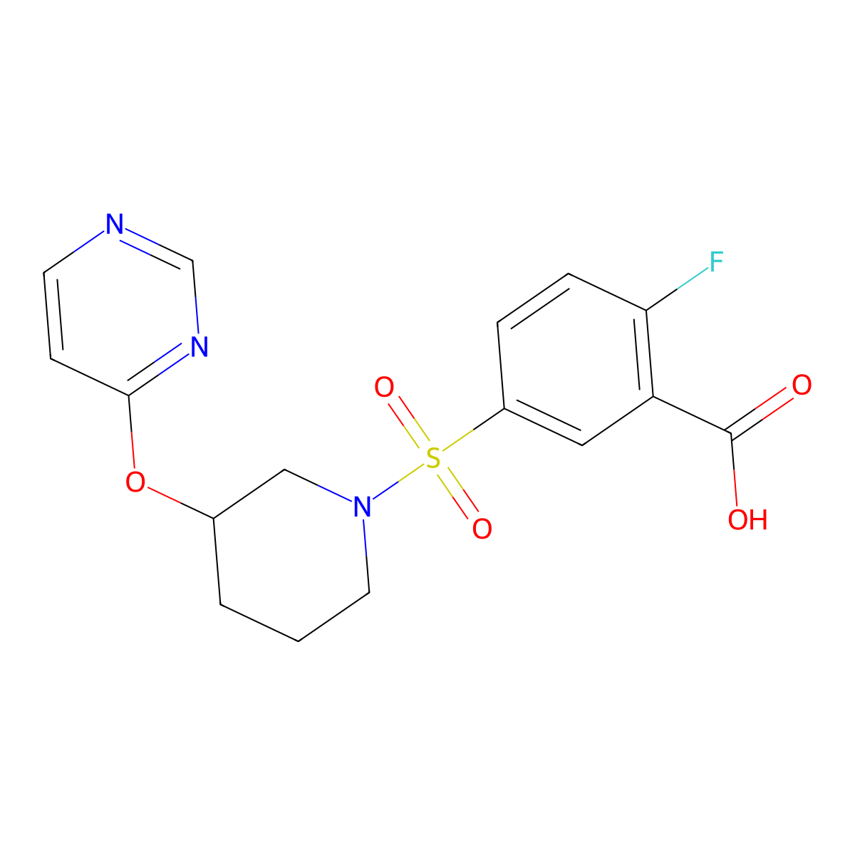 2-Fluoro-5-((3-(pyrimidin-4-yloxy)piperidin-1-yl)sulfonyl)benzoic acid molecular structure, CAS 2034277-34-2