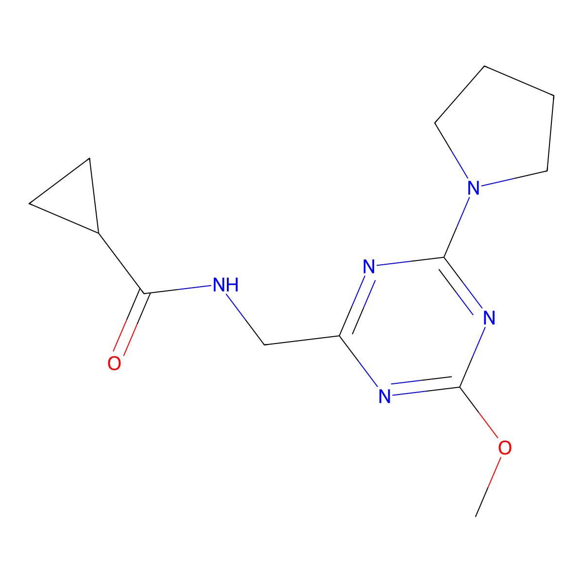 N-{[4-methoxy-6-(pyrrolidin-1-yl)-1,3,5-triazin-2-yl]methyl}cyclopropanecarboxamide molecular structure, CAS 2034277-39-7