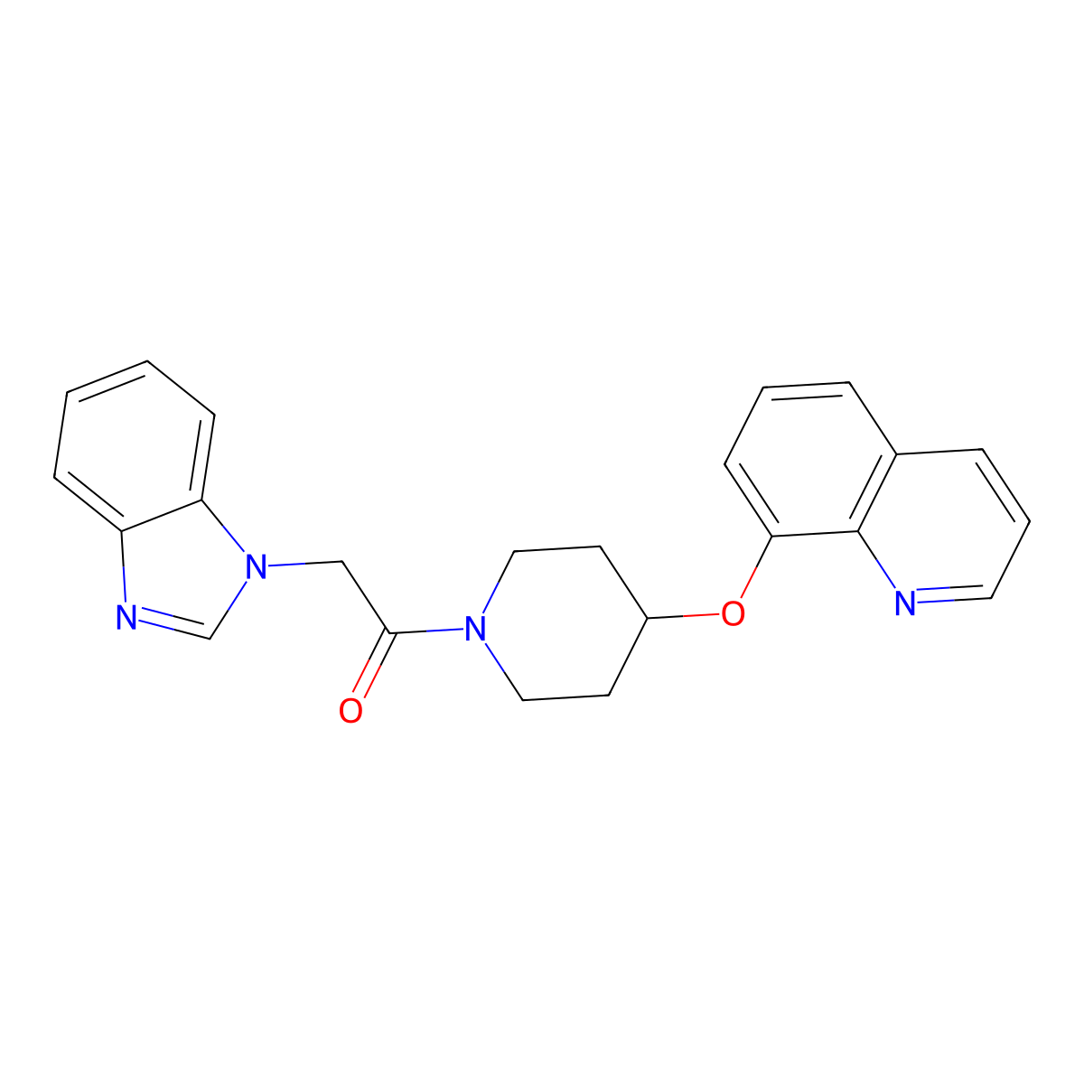 2-(1H-benzo[d]imidazol-1-yl)-1-(4-(quinolin-8-yloxy)piperidin-1-yl)ethanone molecular structure, CAS 2034277-48-8