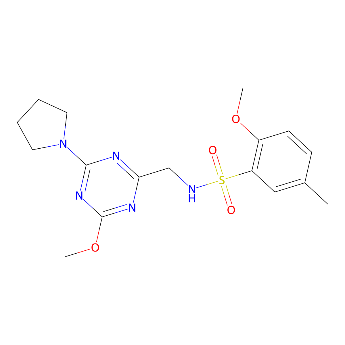 2-methoxy-N-((4-methoxy-6-(pyrrolidin-1-yl)-1,3,5-triazin-2-yl)methyl)-5-methylbenzenesulfonamide molecular structure, CAS 2034277-68-2