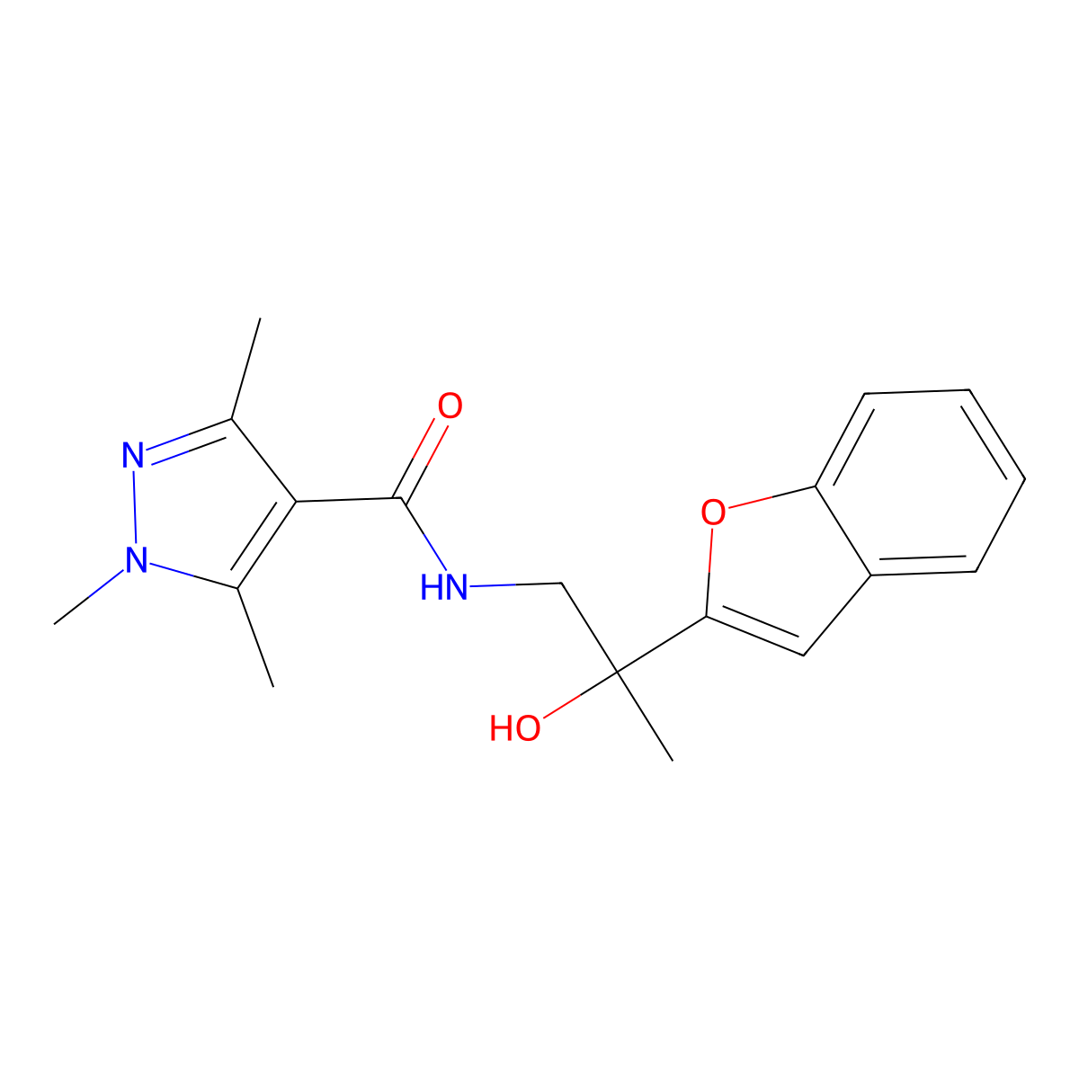 N-(2-(benzofuran-2-yl)-2-hydroxypropyl)-1,3,5-trimethyl-1H-pyrazole-4-carboxamide molecular structure, CAS 2034277-70-6