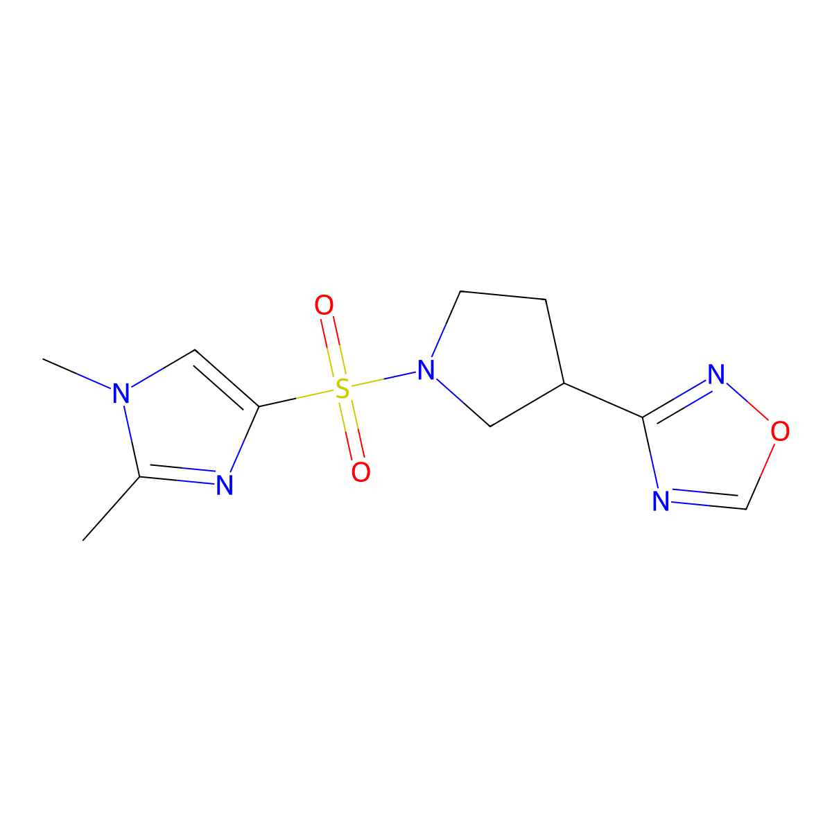 3-(1-((1,2-dimethyl-1H-imidazol-4-yl)sulfonyl)pyrrolidin-3-yl)-1,2,4-oxadiazole molecular structure, CAS 2034277-73-9