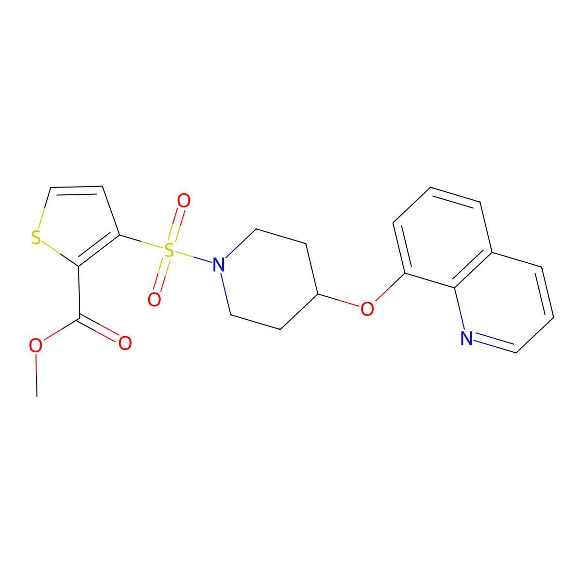 Methyl 3-((4-(quinolin-8-yloxy)piperidin-1-yl)sulfonyl)thiophene-2-carboxylate molecular structure, CAS 2034277-75-1