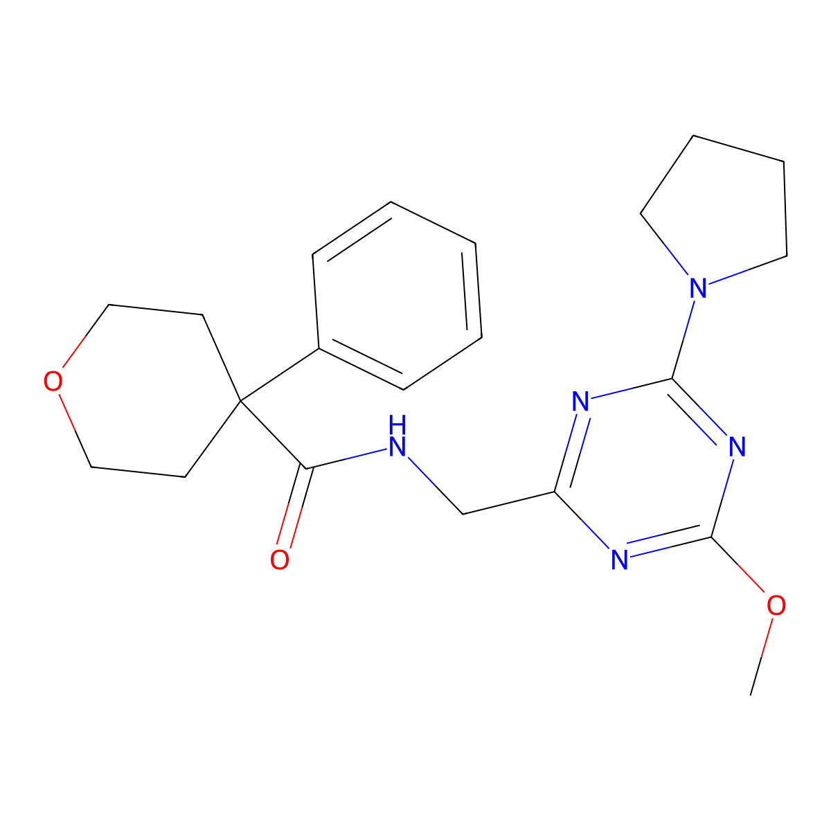 N-((4-methoxy-6-(pyrrolidin-1-yl)-1,3,5-triazin-2-yl)methyl)-4-phenyltetrahydro-2H-pyran-4-carboxamide molecular structure, CAS 2034277-78-4