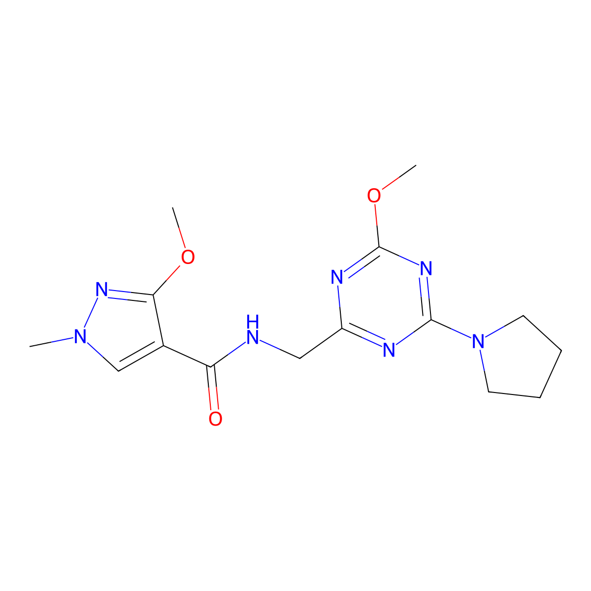 3-methoxy-N-{[4-methoxy-6-(pyrrolidin-1-yl)-1,3,5-triazin-2-yl]methyl}-1-methyl-1H-pyrazole-4-carboxamide molecular structure, CAS 2034277-88-6