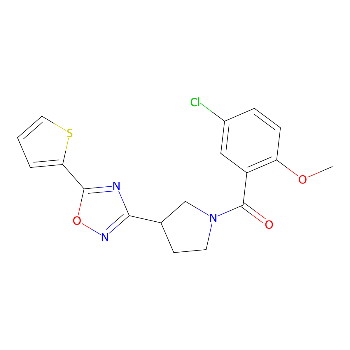 (5-Chloro-2-methoxyphenyl)(3-(5-(thiophen-2-yl)-1,2,4-oxadiazol-3-yl)pyrrolidin-1-yl)methanone molecular structure, CAS 2034277-98-8